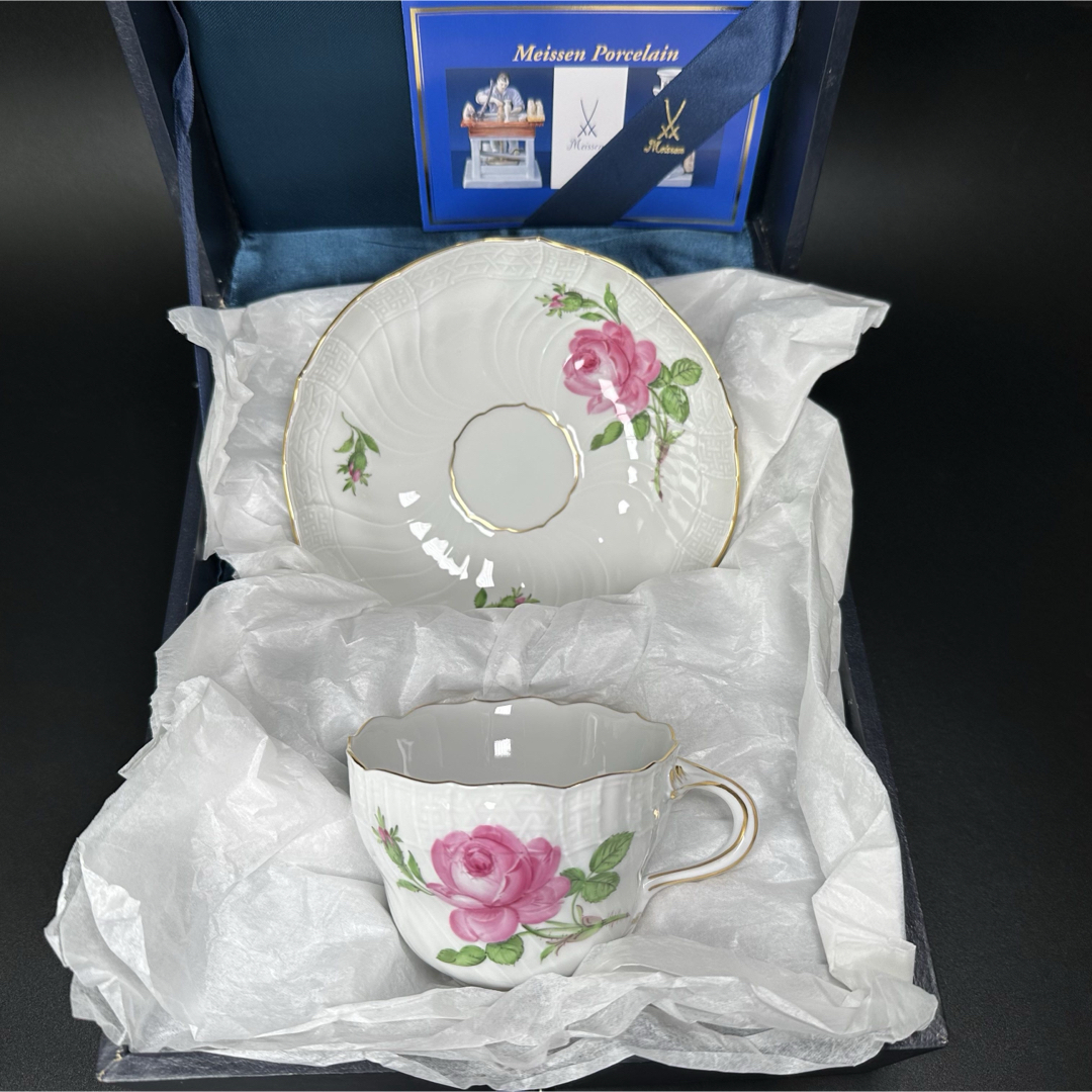 未使用 マイセン ピンクローズ レリーフ カップ＆ソーサー1客共箱付、1級