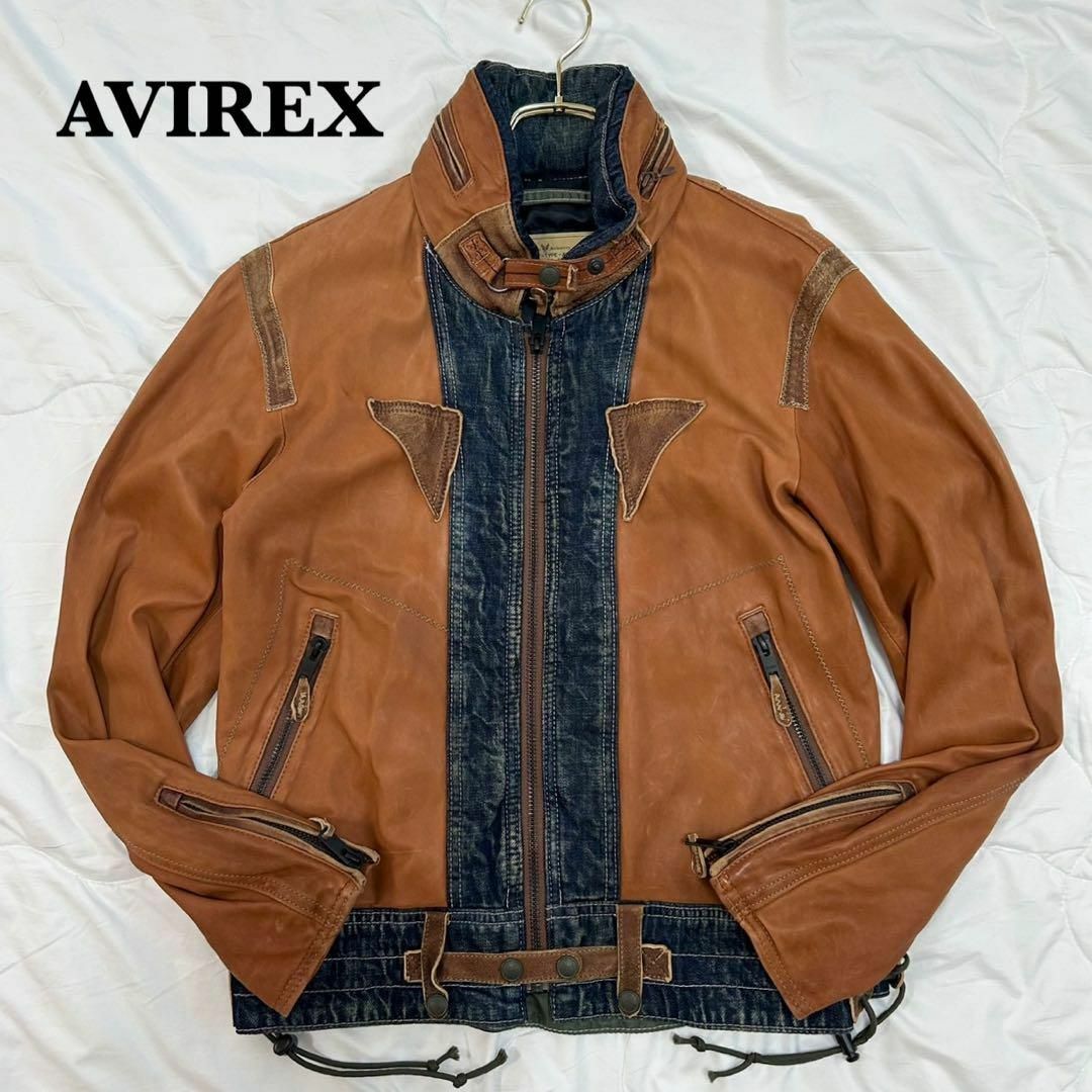 AVIREX 最新 アヴィレックス レザー デニム 切り替え レザージャケット