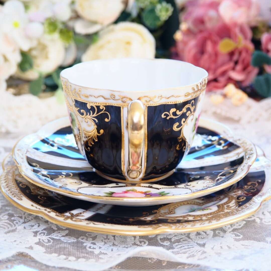 オールドノリタケ 漆黒の食器 ブラック金盛 トリオ カップ＆ソーサー F7