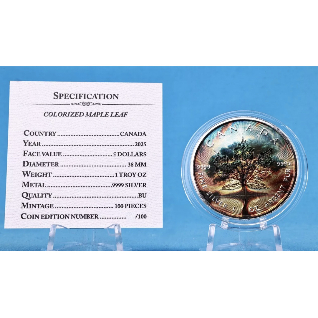 世界100枚限定 メイプルリーフ 銀貨 カラー 銀貨生命の樹 1オンス 1oz