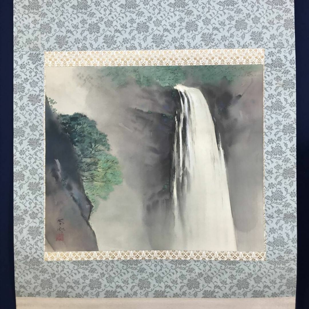 真作/堀江春斎/瀑布図/滝図/横物/山水図/掛軸☆宝船☆