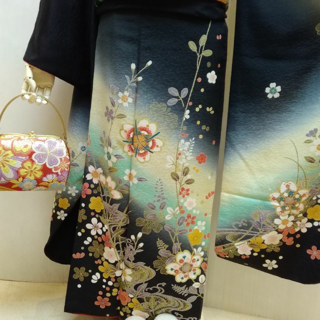 振袖 正絹 京友禅 お仕立て上がり 黒地古典花文様柄 lf071