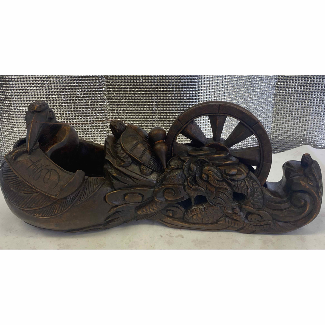 木彫り 墨壺 精巧な木製木彫り彫刻鶴亀 龍寿鯛墨つぼすみつぼ