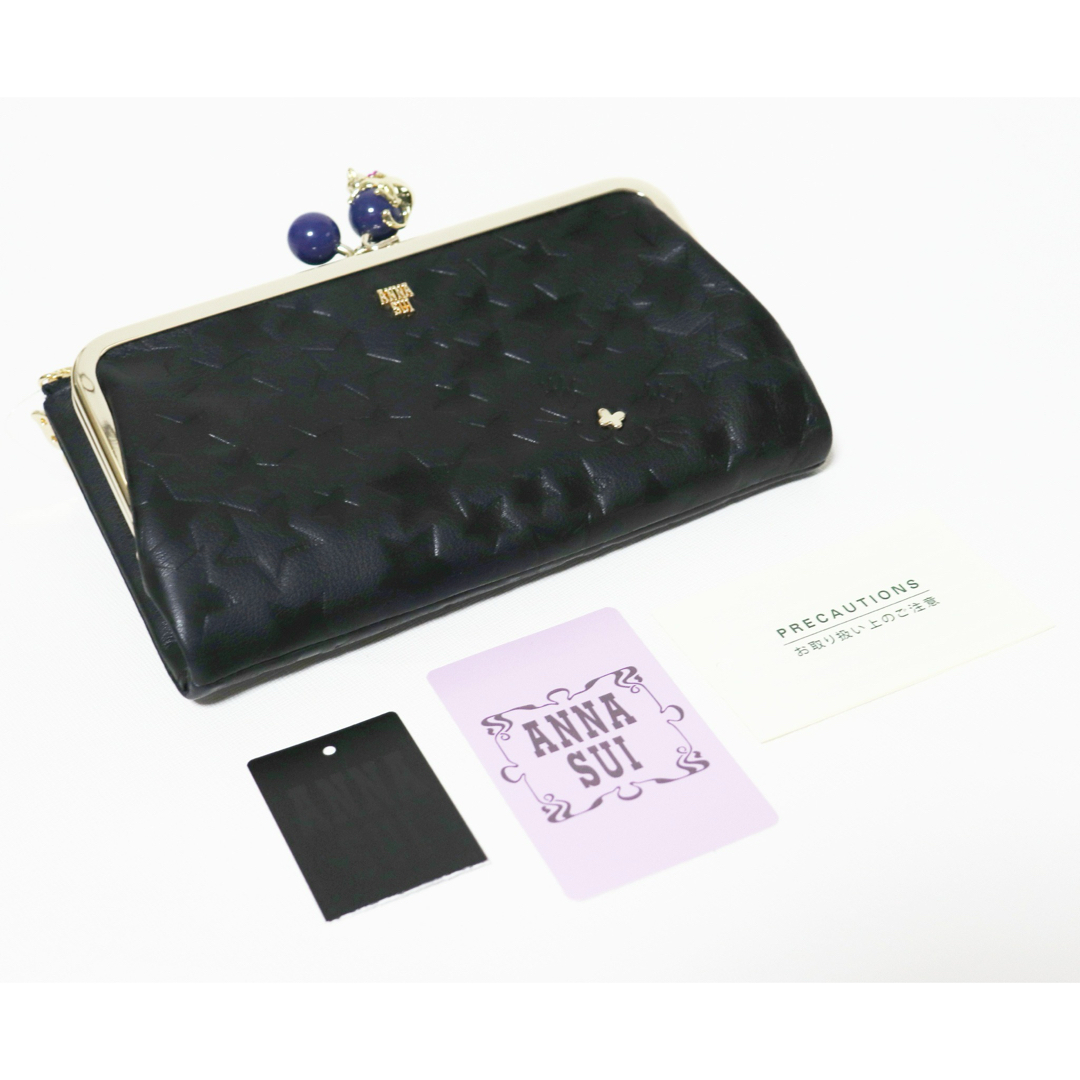 ANNA SUI(アナスイ) 2つ折り財布美品 - 黒 ネコ/スター(星)/がま口 レザー