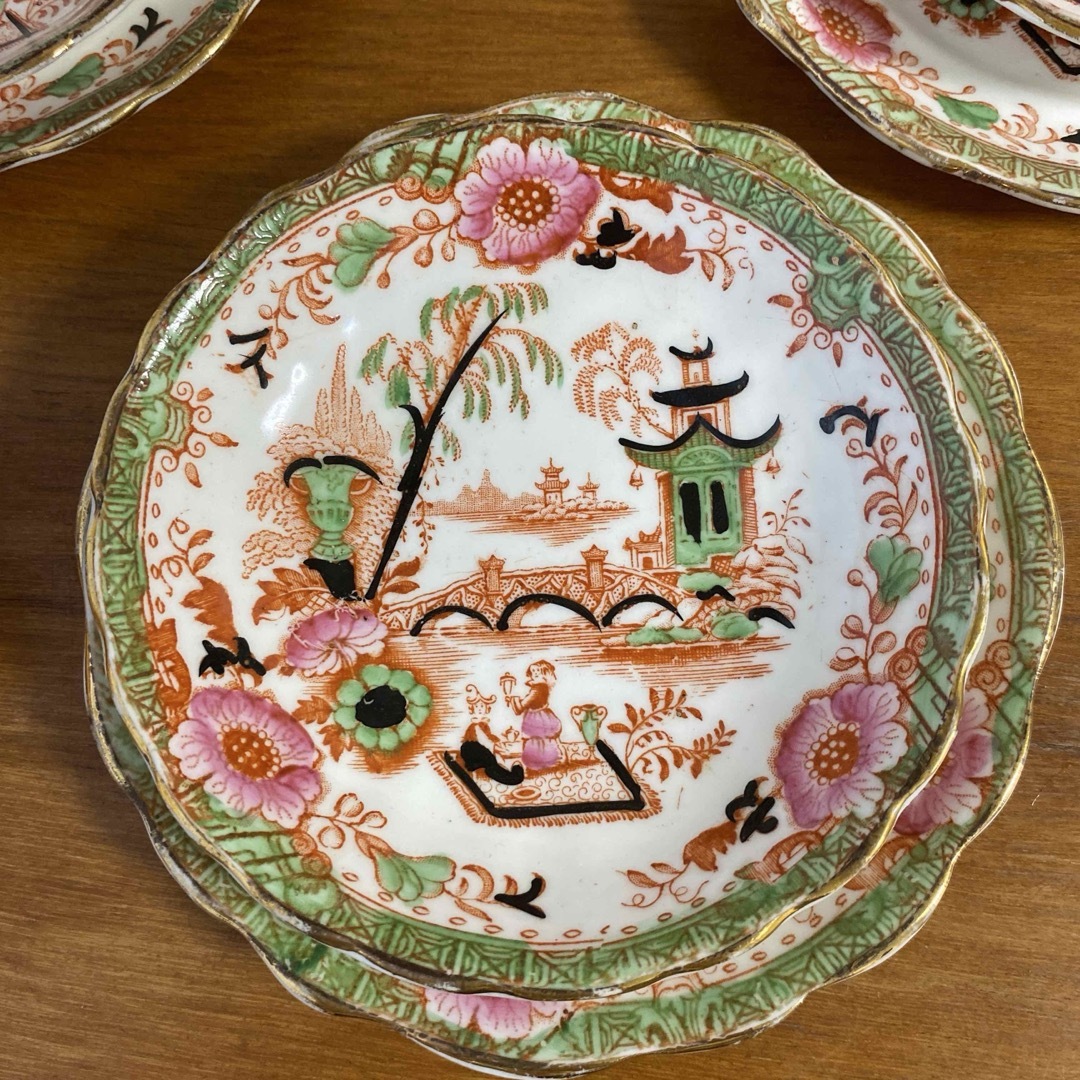 英国窯初期のアンティーク カップ ソーサー プレート シノワズリ c1880