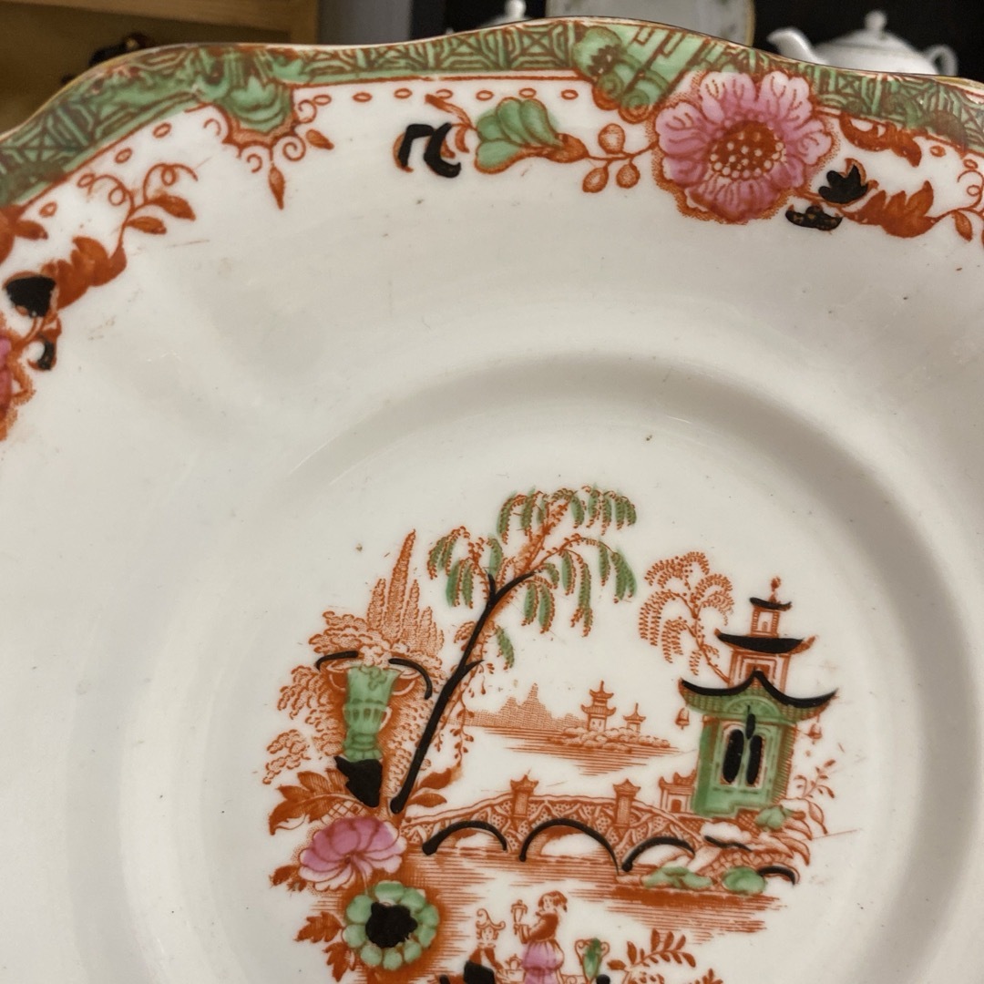 英国窯初期のアンティーク カップ ソーサー プレート シノワズリ c1880