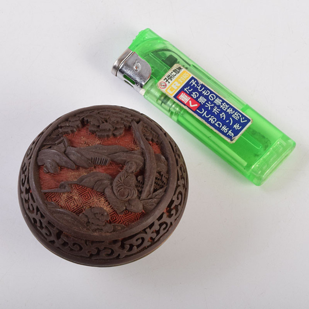 中国 堆朱 堆黒 内七宝 山水人物文 香合 V R9265