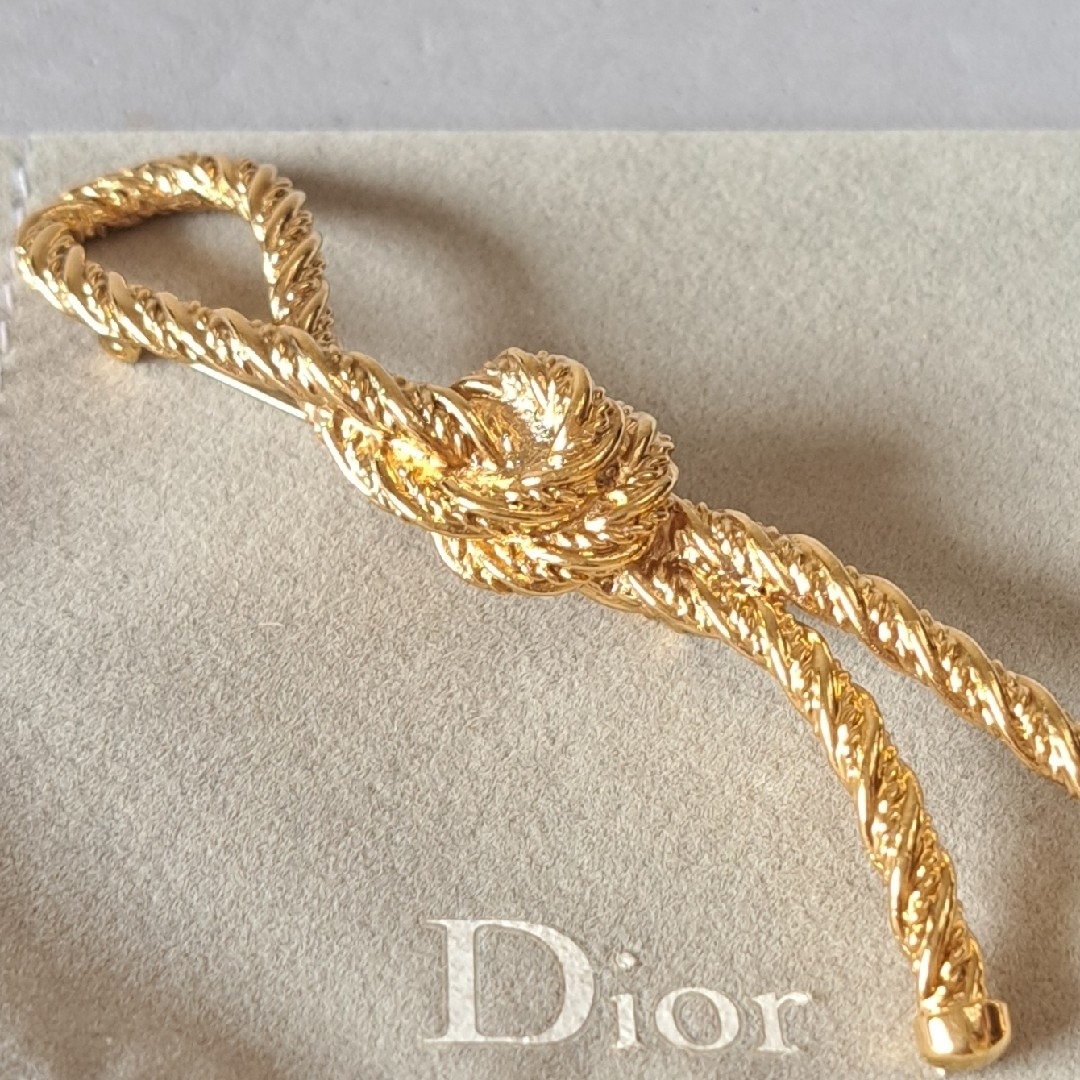 美品 クリスチャンディオール ブローチ リボン ロープモチーフ 縄 ゴールド