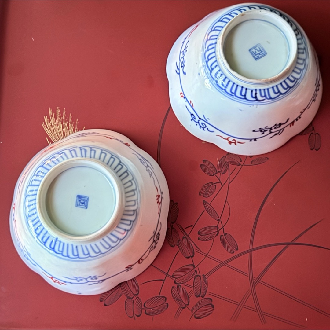 2195様感謝‼️伊万里錦手向付おひたしにはこれ‼️桃手に鶴と竹六弁花在