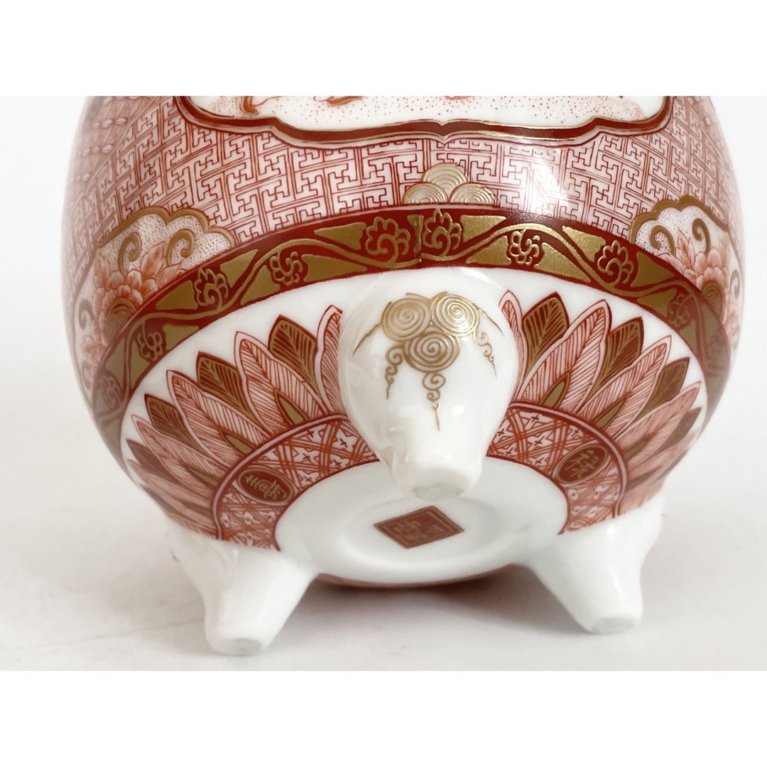 陶芸家福島武山九谷焼細密赤絵三つ足香炉香爐鳳凰菊大黒箱なし