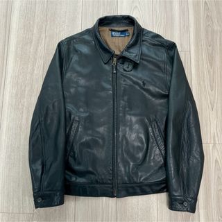 90s ラルフローレン 刺繍 羊革 襟付き ラムレザージャケット 黒 RRL