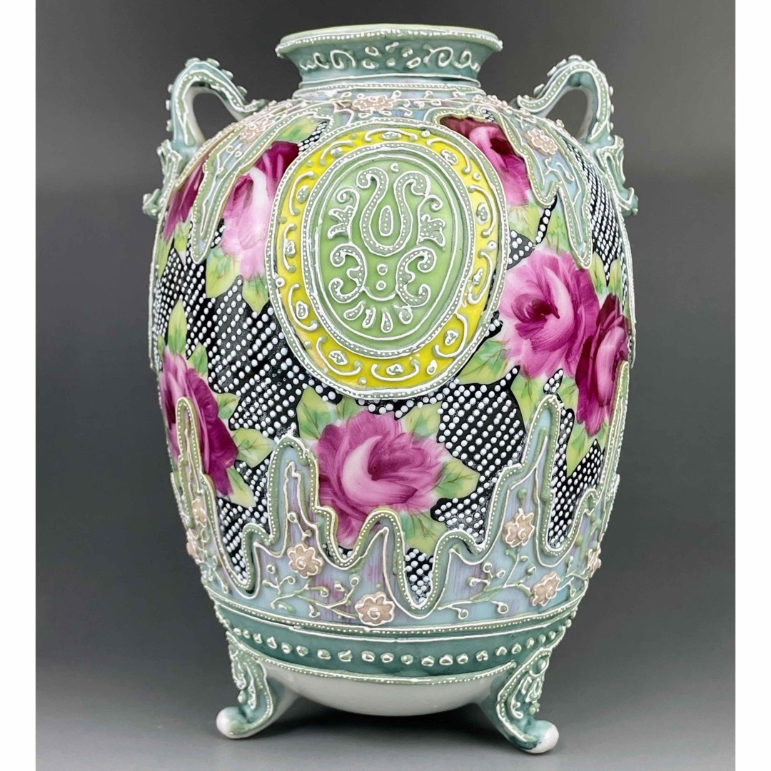 希少】オールドニッポン 薔薇紋 一陳盛上げ アールヌーボー 花瓶 ビー