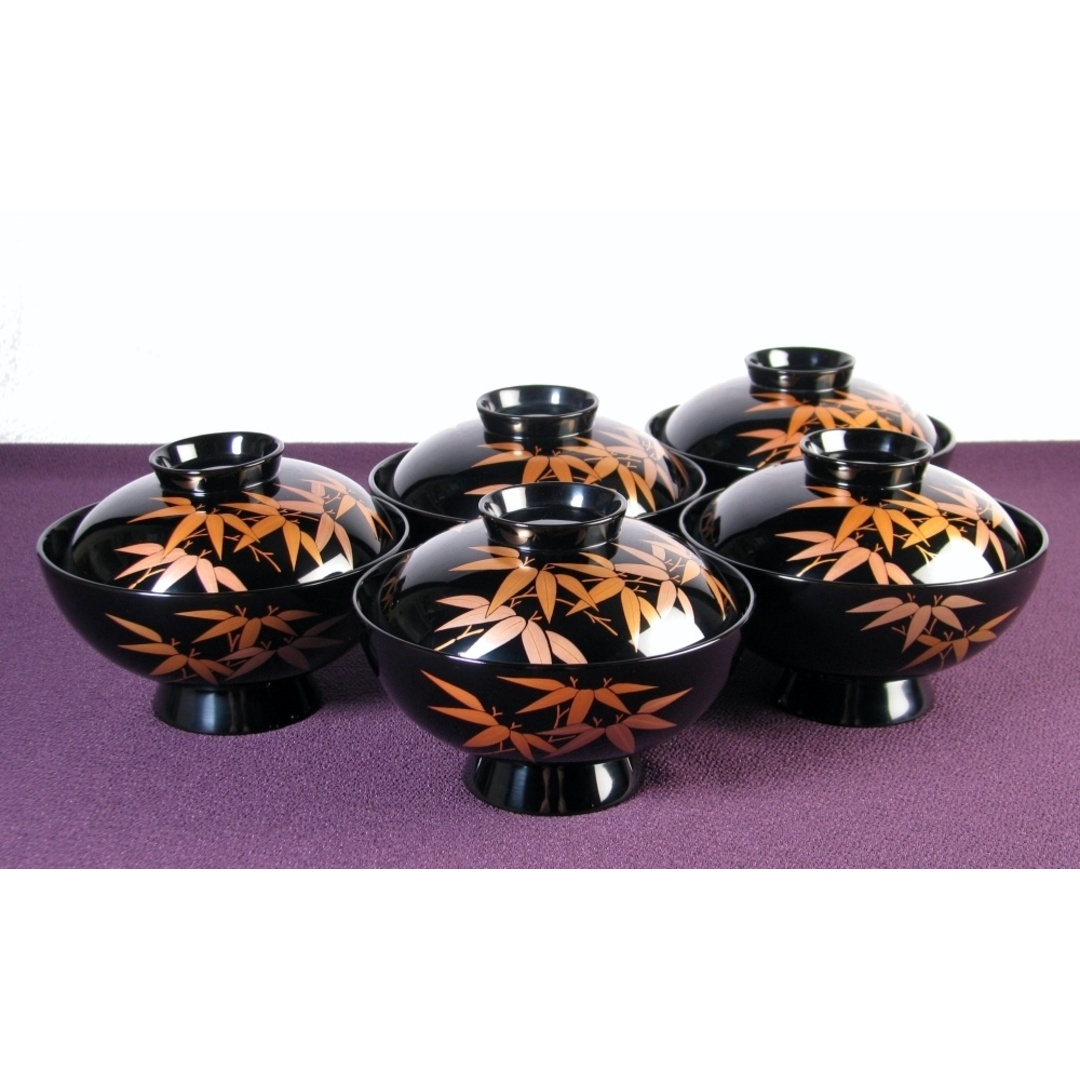 輪島塗 塩安製 笹蒔絵吸物椀5客 幅：12cm 共箱・栞付 極美品/25j019