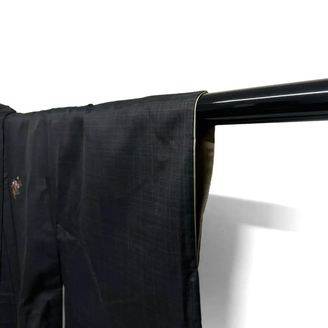 付け下げ 染大島紬 刺繍 葡萄 蔦 黒地 紋無し 着物 093a d