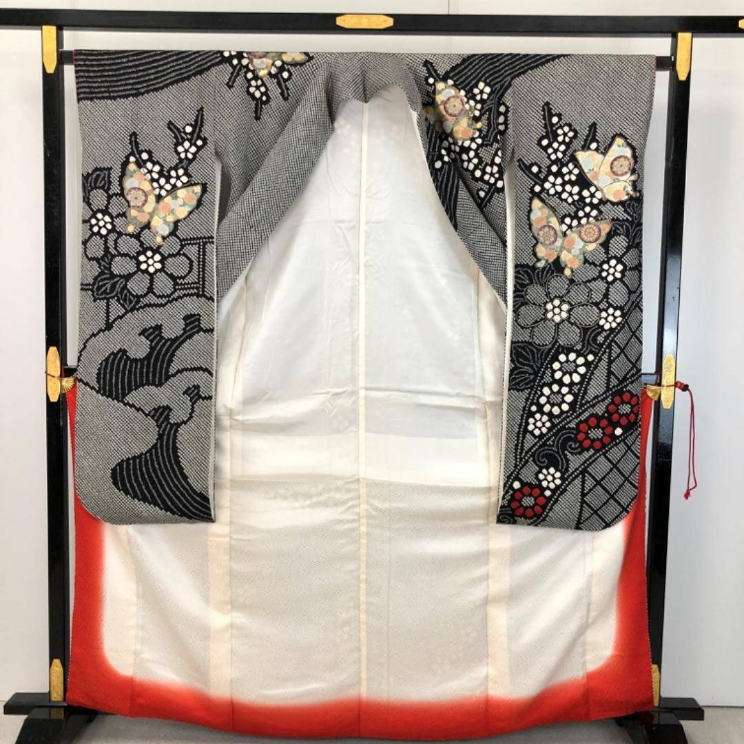 振袖 総絞り 波模様に蝶々 花模様 菊 黒色 金彩 トールサイズ K-5454
