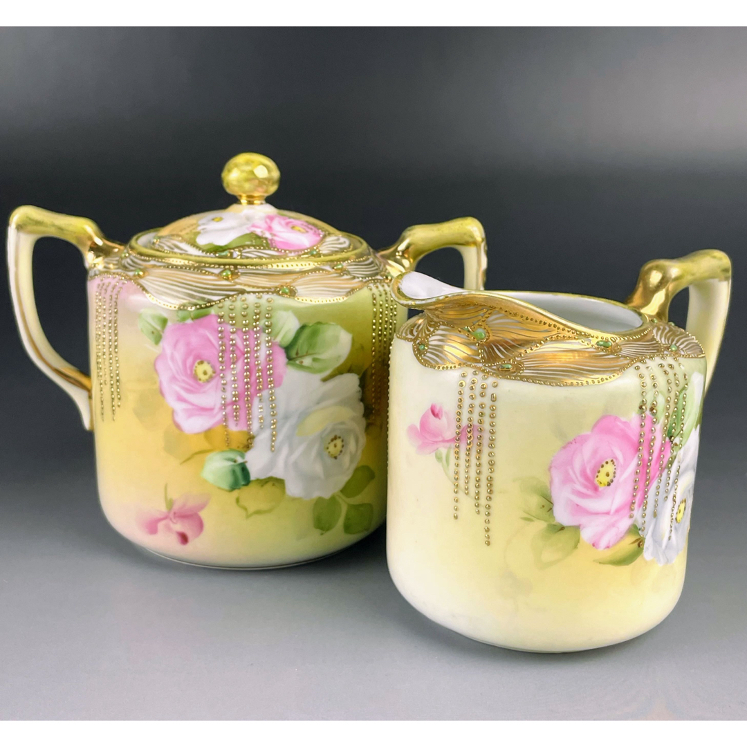 オールドノリタケ 薔薇紋 シュガーボウル クリーマー ジュエル 金盛り