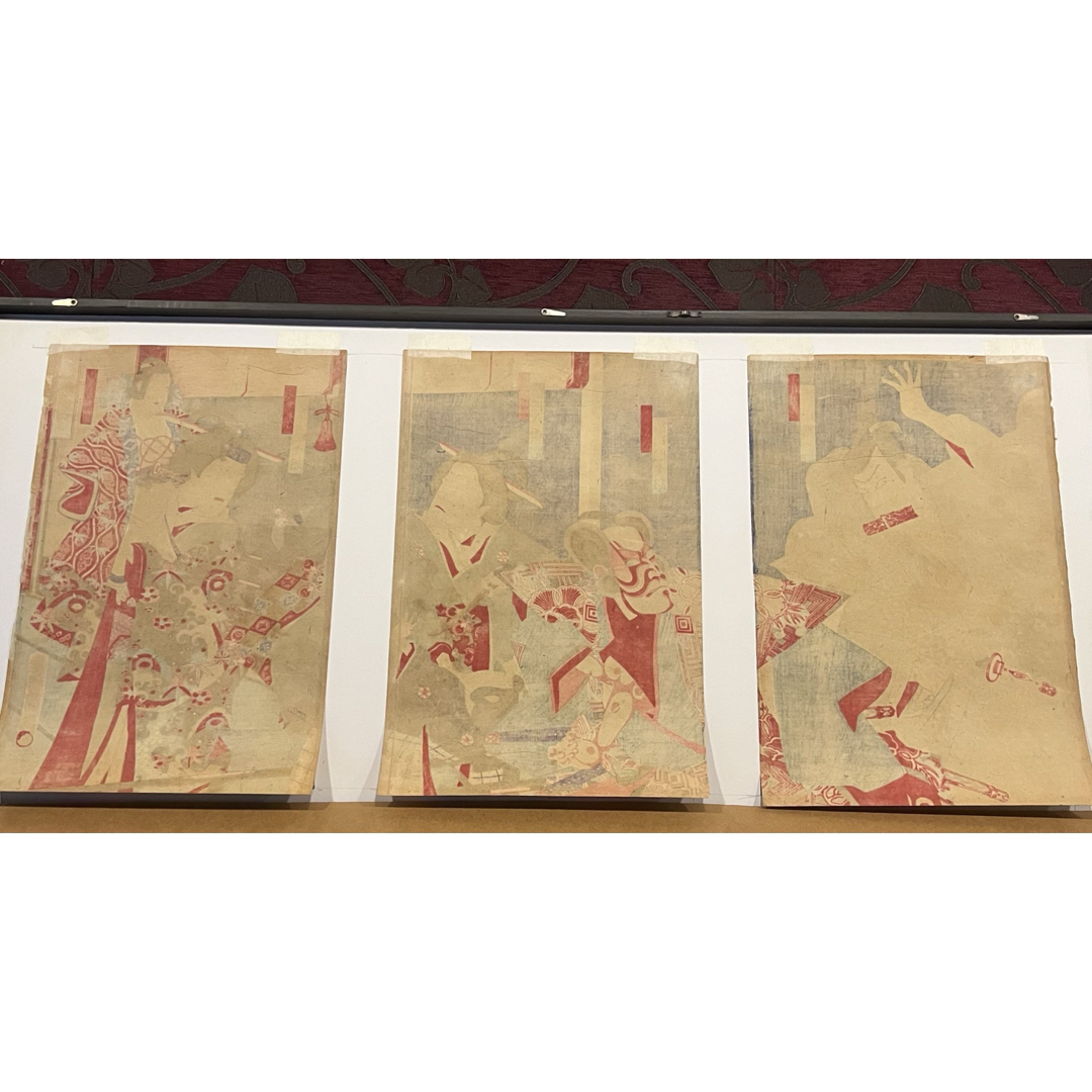 版画 歌川国虎 3枚綴 歌舞伎絵 市川團十郎 KABUKI 浮世絵 木