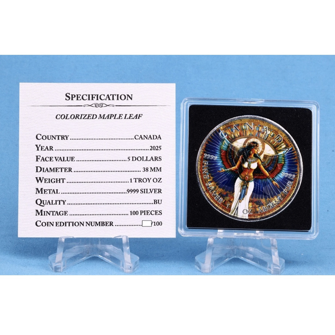 100枚限定 メイプルリーフ 銀貨 カラー 古代エジプト イシス女神 1オンス