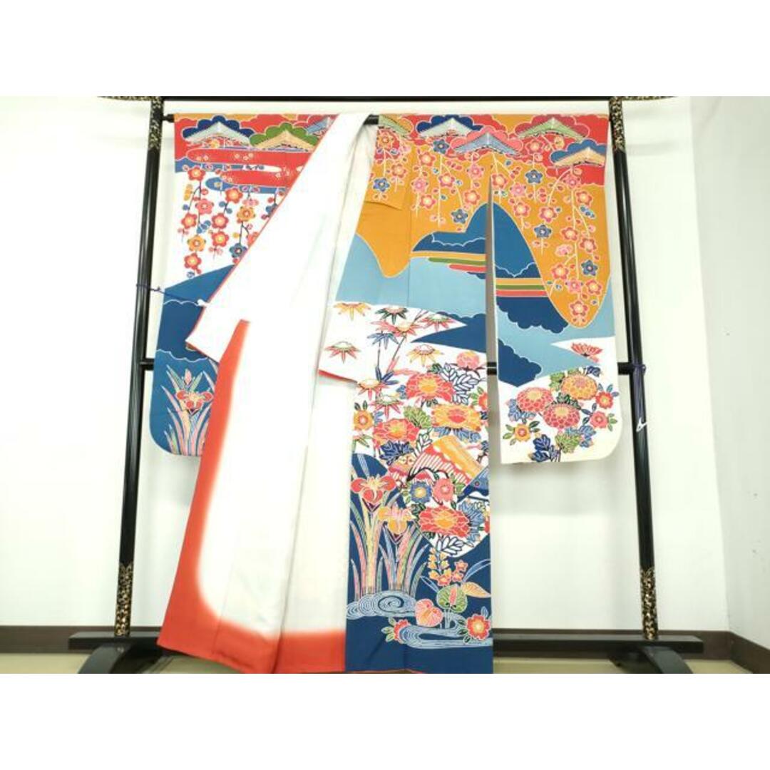 平和屋着物○和染紅型 栗山紅型 栗山吉三郎 振袖 流水風景花文 正絹