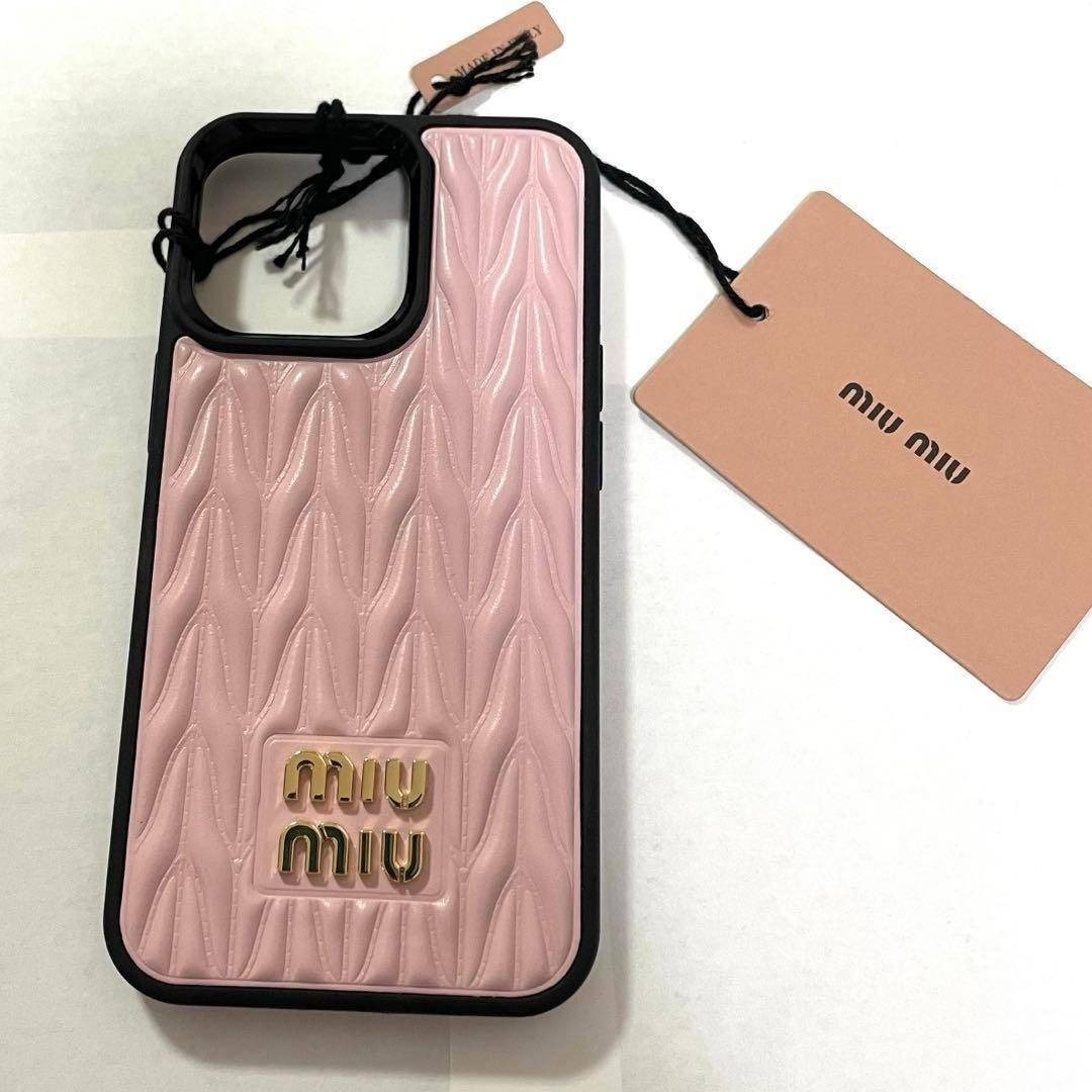 新品 MIUMIU♡ソフトカーフロゴレザーiPhone13Pro用カバー♡ピンク