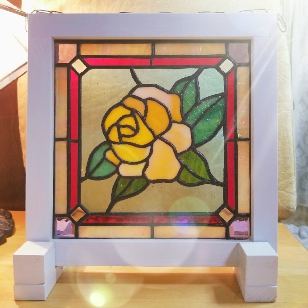 ステンドグラスアンティーク調ローズのサンキャッチャーパネル