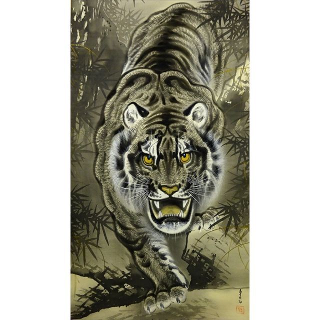 中国美術 掛軸 猛虎図 肉筆絵画 真作 年代不明 箱付 中国美術 掛軸