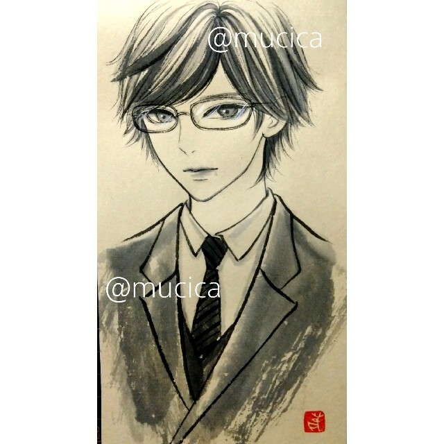 専用 手描きイラスト 原画 墨絵 水墨画 メガネのスーツ男子 オリジナル