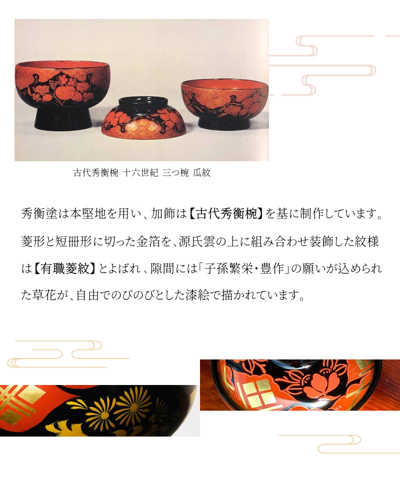 秀衡塗 秀衡大椀（柏紋）蓋付 5個組 / 漆器 お椀 大椀 食器 ふた付き