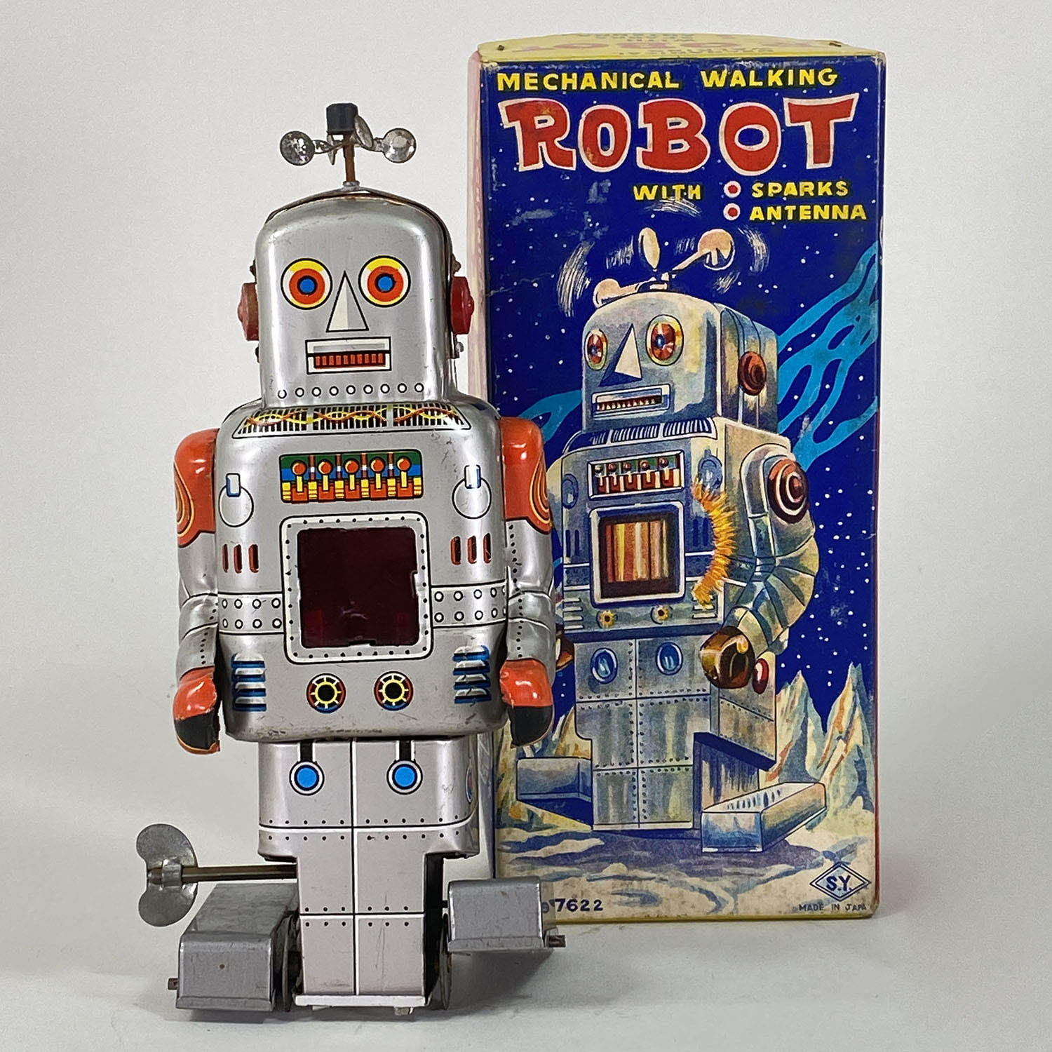 S.Y【メカニカル ウォーキング発火ロボット】ブリキ製ゼンマイ歩行 箱
