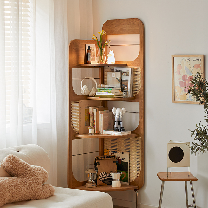 チェリー材 コーナーラタンキャビネット | 高級感ある素材で省スペース