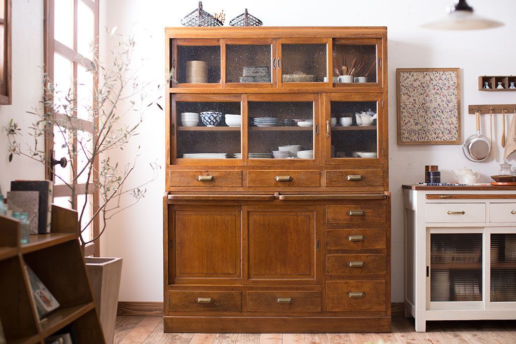 昭和レトロ ステンドグラス風 木製サイドボード 飾り棚 カップボード