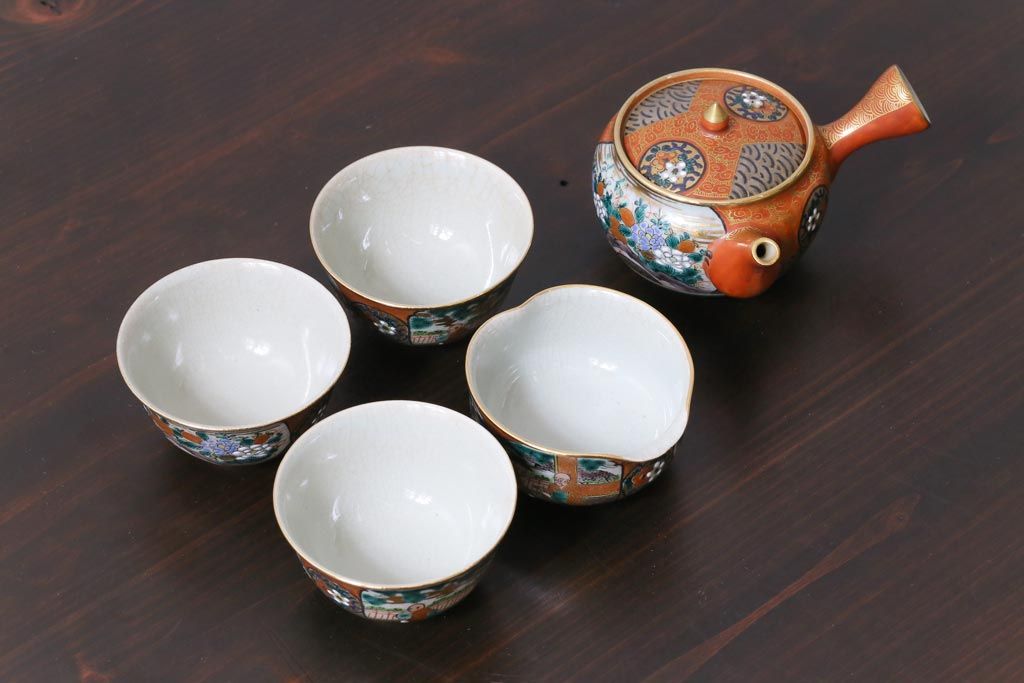 時代 九谷 庄三 金彩色絵 花唐人文 茶器揃 箱付き 時代 九谷 庄三 金