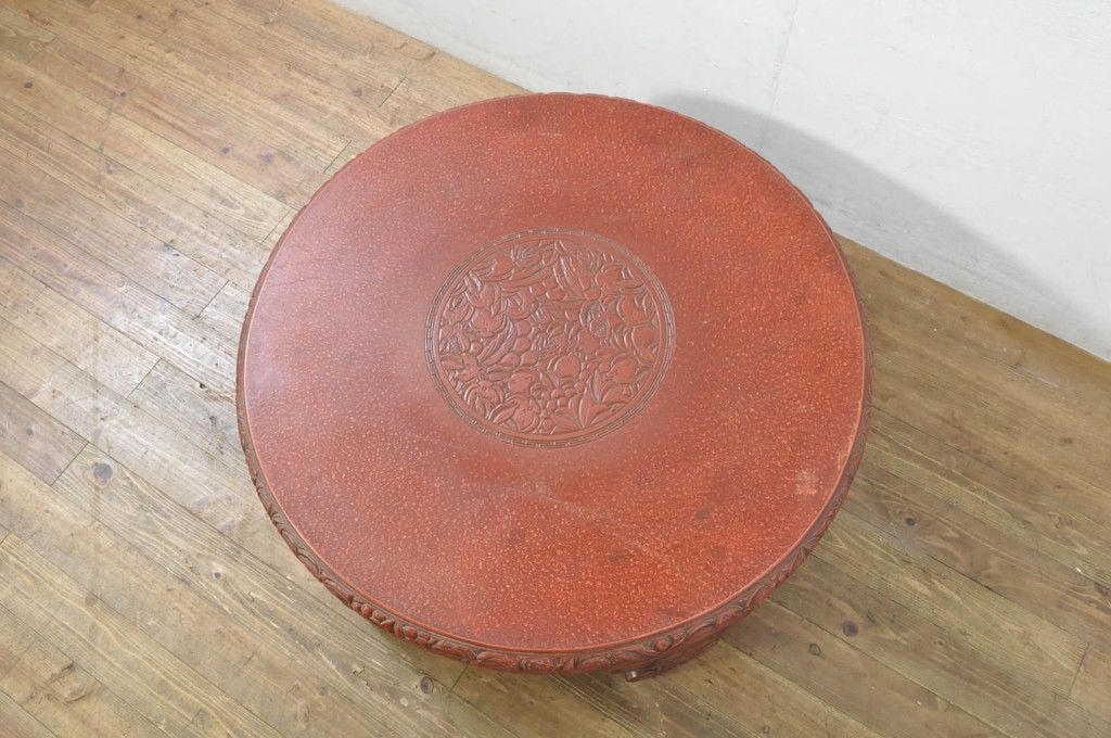 丸テーブル 中華座卓 中国 円卓 彫刻 アンティーク 昭和レトロ 丸