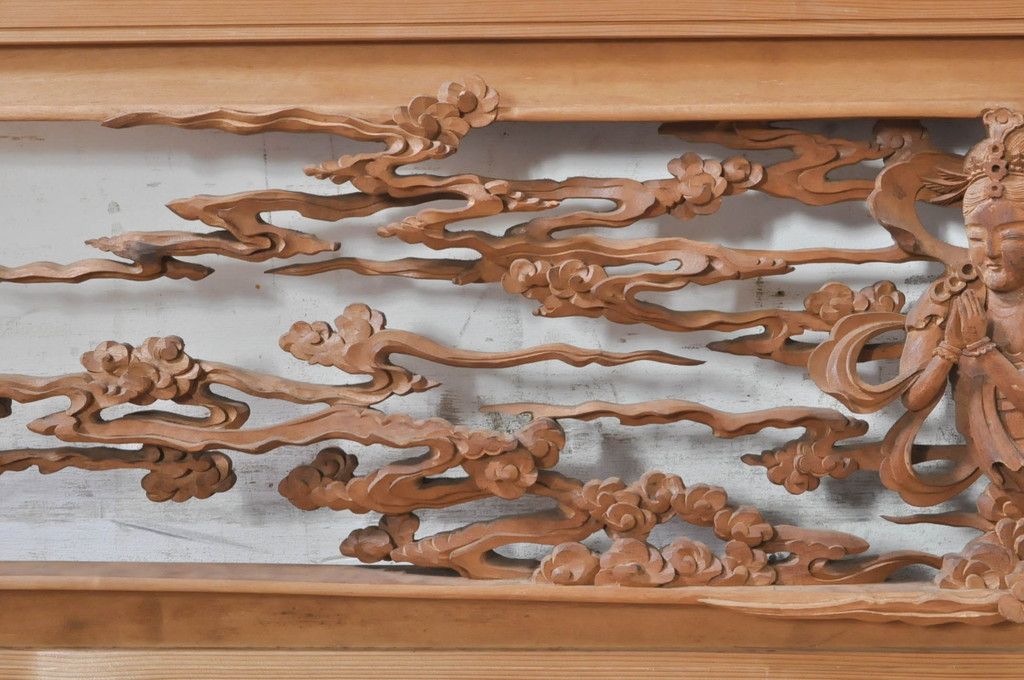 大バーゲンアンティークの茄子と裏に雲をあしらった彫刻硯 木製外枠