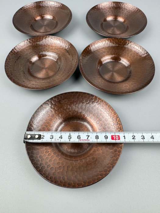 日本茶道茶具銅茶托五只榮美堂燭光釉茶托尺寸：11cm 重量：480g 【展覽