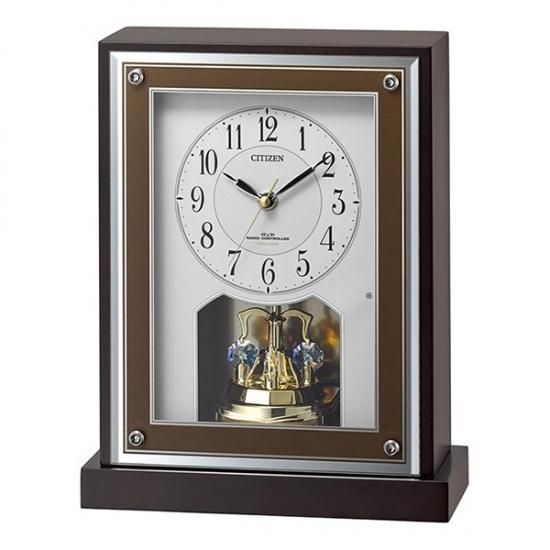CITIZEN】置き時計 電波時計 回転飾り スワロフスキー (茶色半艶仕上