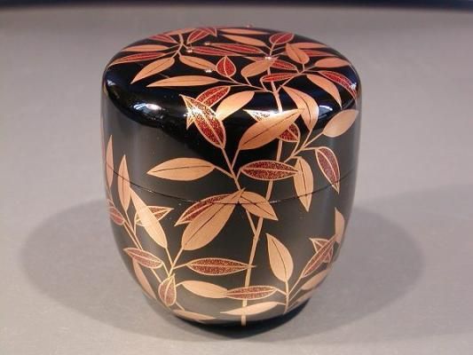 未使用 茶道具 桐木地 茶通箱 木製朱塗 金彩蒔絵棗 大津袋