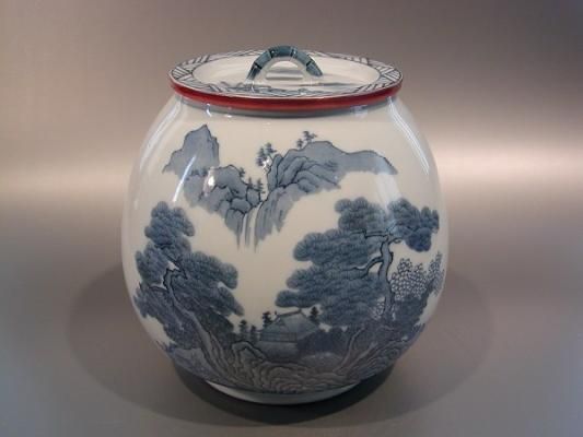 S402 水指 『染付 山水芋頭形』『加藤郷山造』 共箱 茶道具 S402