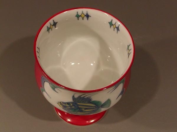 美の器】高盃 ワイングラス 赤京焼 豆彩 みのかさご絵、手塚 央作