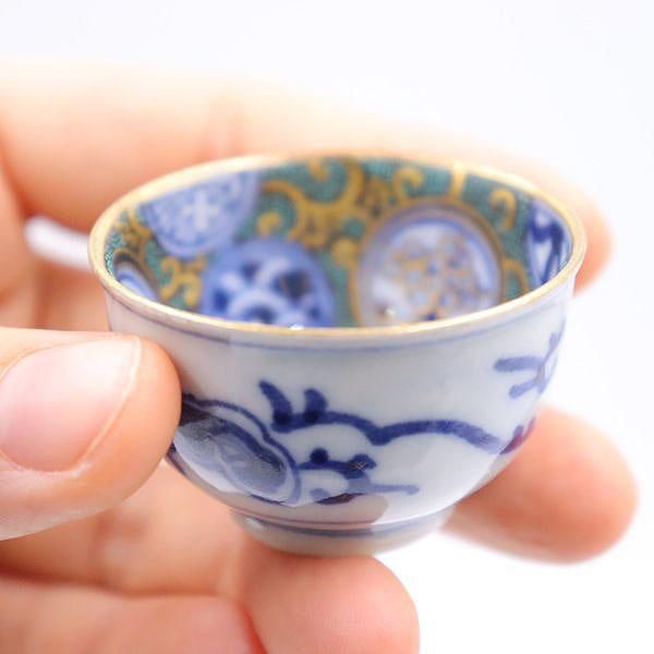 九谷焼 手描き青粒 猪口 盃｜直径4.5 高さ2.5｜希少なアンティーク和食器