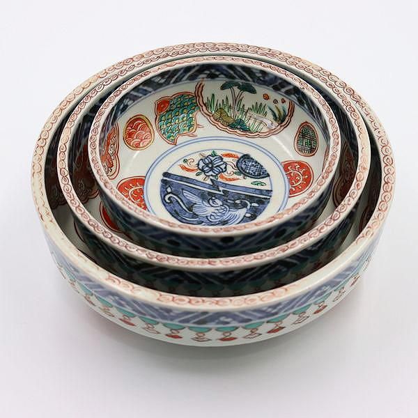 古伊万里焼 錦出三つ鉢 色絵金彩 手書き 明治中期 アンティーク 古美術