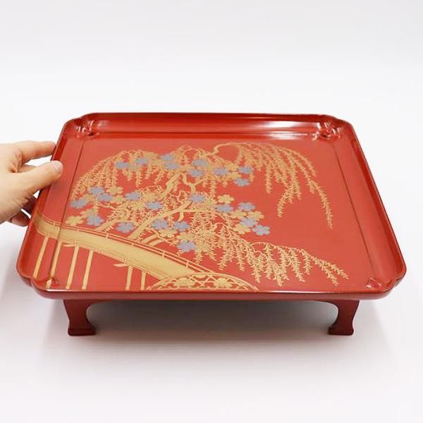 木製 螺鈿 古い黒塗吸物膳5客 足付 三重扇面蒔絵 金銀蒔絵 茶懐石 漆器