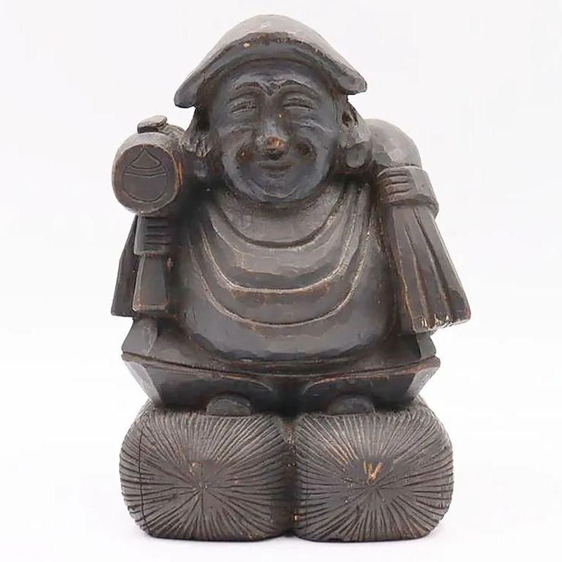 木彫り 大黒天 大正時代 置物 13×12×20.5cm