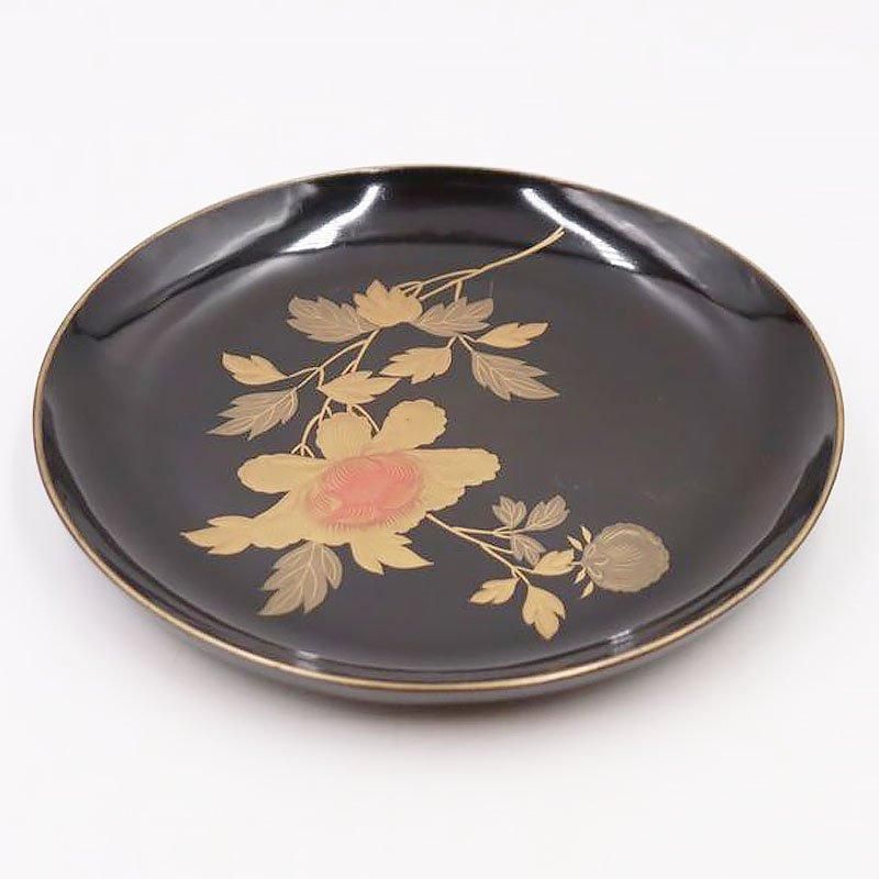 昭和の黒漆塗り木皿 菓子皿にも季節の草木花蒔絵