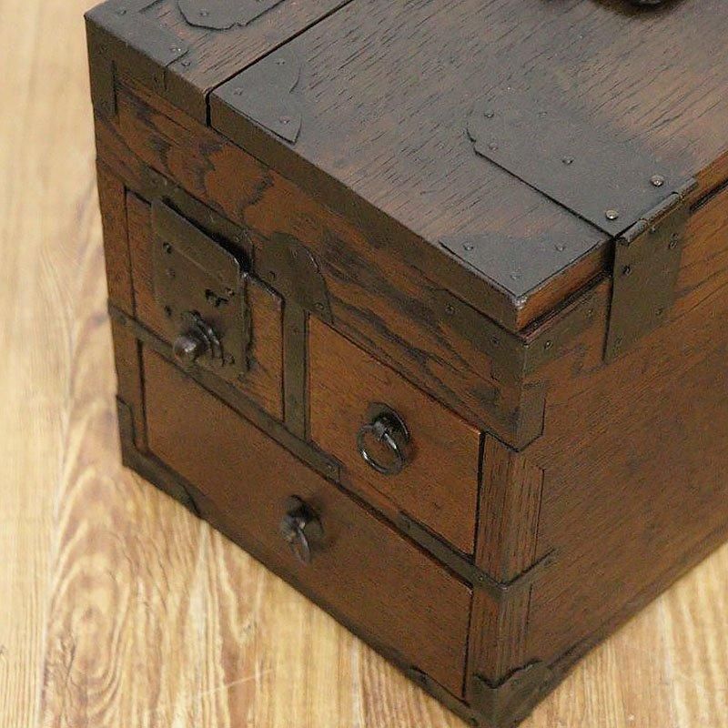 硯箱 掛け硯 小引出し 小物入れ 桑材 時代金具 日本製 明治時代 日本の