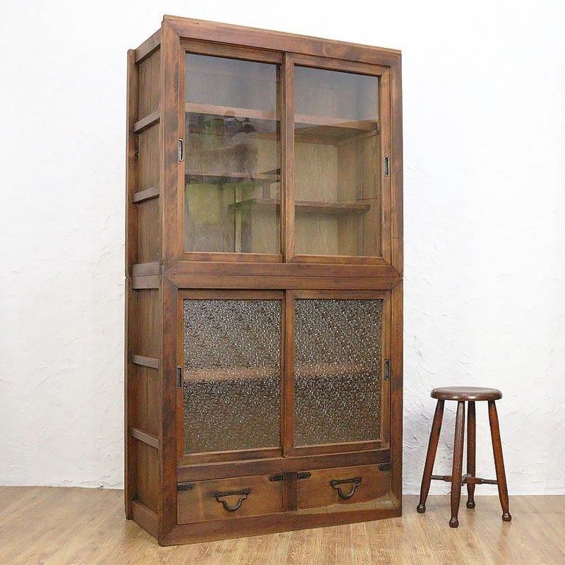 sasasa」昭和初期 店舗什器 木製キャビネット ガラス戸棚 水屋箪笥