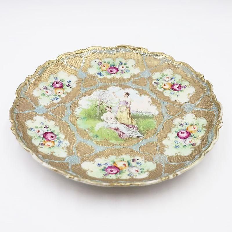 手描き明治ノリタケ女性庭園ローズ飾り皿31.5クラシックアンティーク