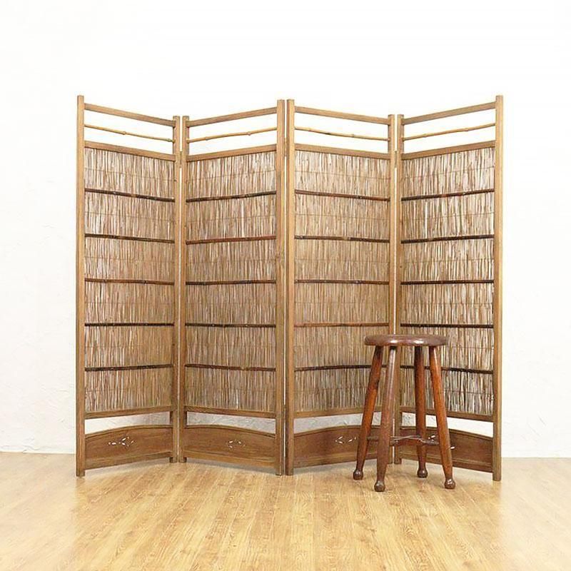 古い竹簾屏風 衝立 目隠し 四つ折り 透かし彫り 古民家 古道具 【公式