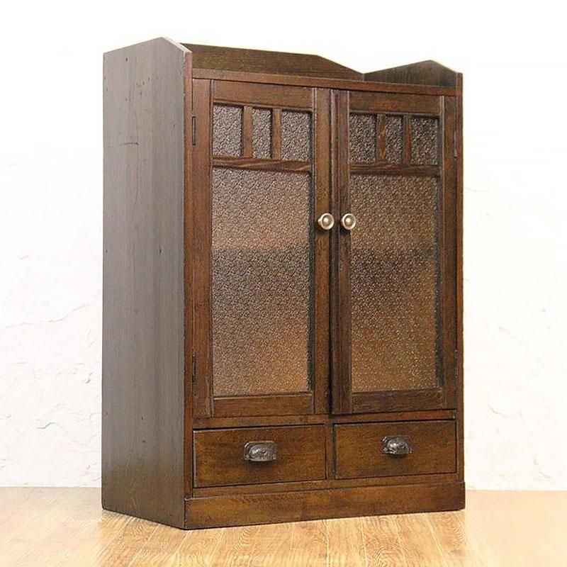 ジャンク レトロな木製キャビネット 古い本棚 ガラス扉付き カーテン
