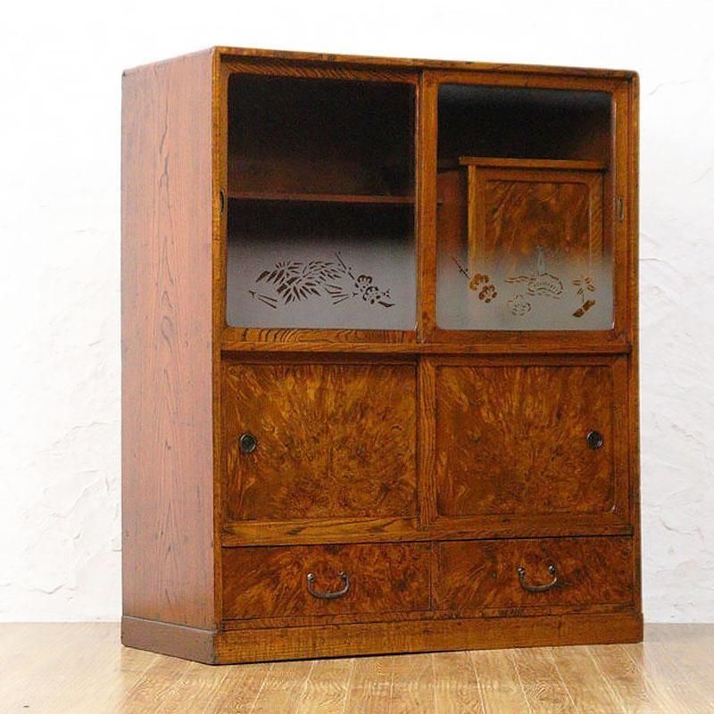 ダイヤガラス入り 茶箪笥 キャビネット 食器棚 アンティーク 骨董 和